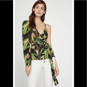 BCBGMAXAZRIA Bird of Paradise Wrap Top Tropical Leaves Paradise Blouse Large New